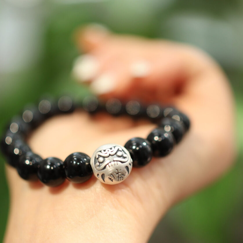 Black Agate 999 Pure Silver Dharma Birth Buddha Beaded Bracelet - Image 2