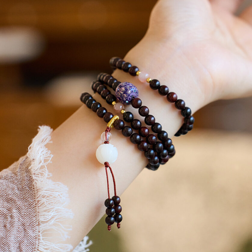 Natural Indian authentic small leaf rosewood bracelets with 108 old lacquer beads, Buddha beads, bracelets as a gift for girlfriends - Image 2